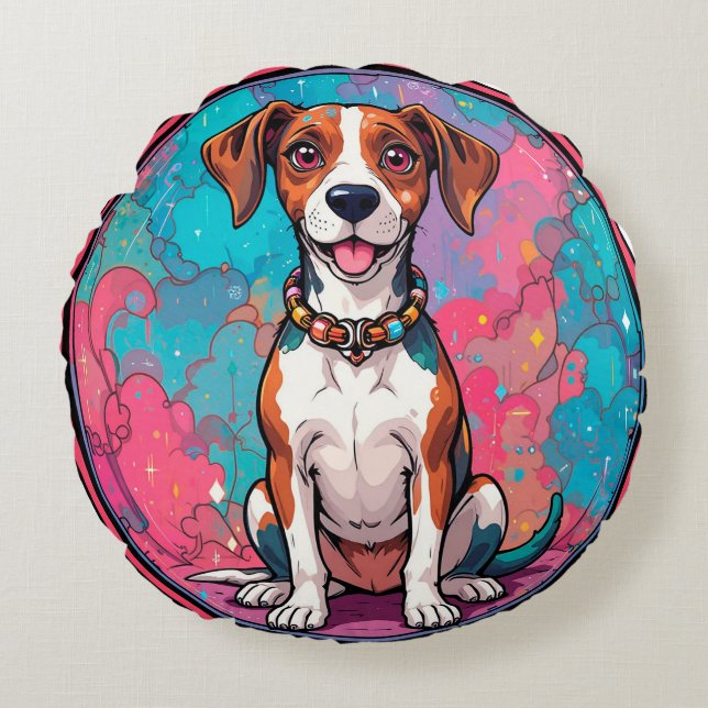 Cute Dog With a Colourful Collar Round Cushion (Front)