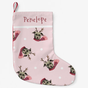 Cute Dog with Antlers Pattern Personalised Small Christmas Stocking