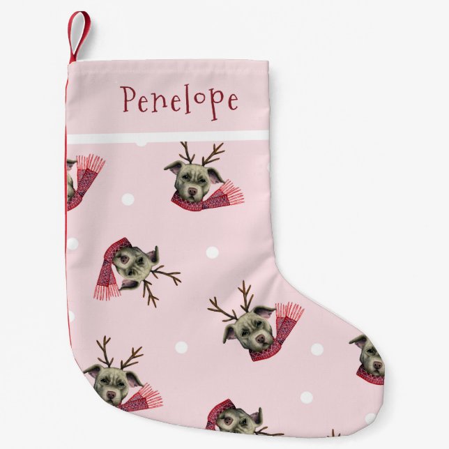 Cute Dog with Antlers Pattern Personalised Small Christmas Stocking (Front)