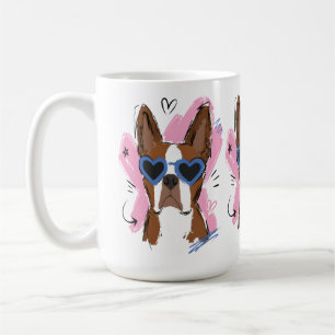 Cute Dog with Blue Heart Sunglasses on Pink Heart Coffee Mug