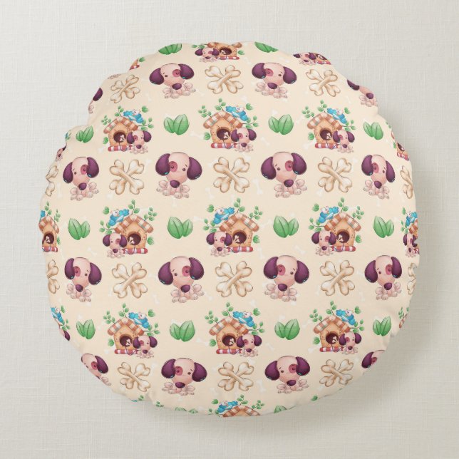 Cute Dog With Bones Tan  Round Cushion (Front)