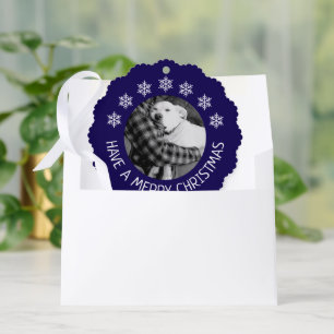 Cute Dog with Dad Photo Merry Christmas Blue Tree Decoration Card