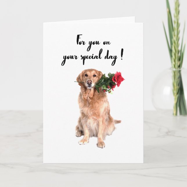Cute dog with flower in mouth, dog birthday card (Front)