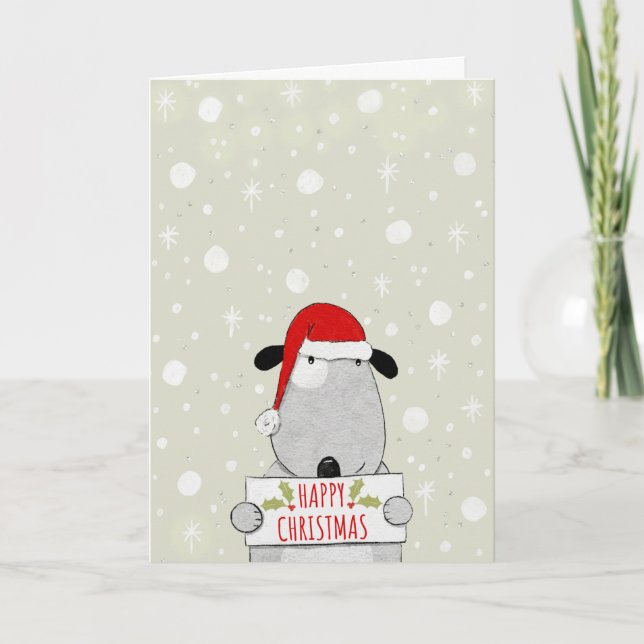 Cute Dog with Happy Christmas Sign Christmas Card (Front)