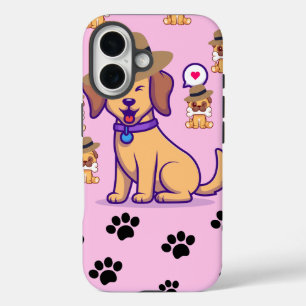 Cute Dog with Hat & Paw Pattern iPhone 16 Case