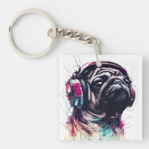 Cute Dog with Headphones water color illustration Key Ring