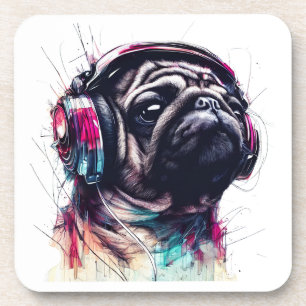 Cute Dog with Headphones water colour illustration Coaster