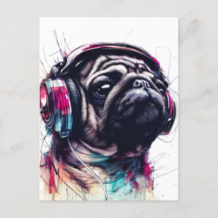 Cute Dog with Headphones water colour illustration Holiday Postcard