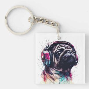Cute Dog with Headphones water colour illustration Key Ring