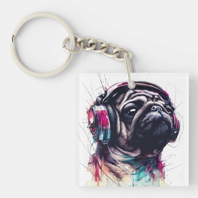 Cute Dog with Headphones water colour illustration Key Ring (Front)
