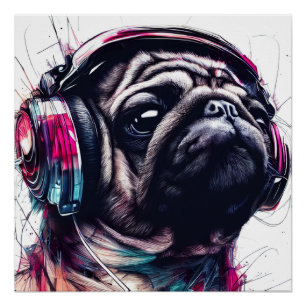 Cute Dog with Headphones water colour illustration Poster
