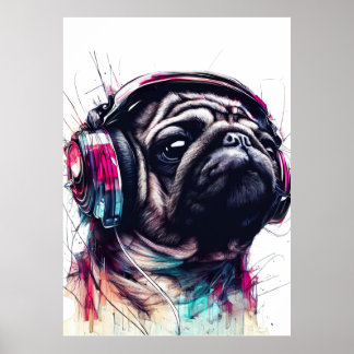 Cute Dog with Headphones water colour illustration Poster