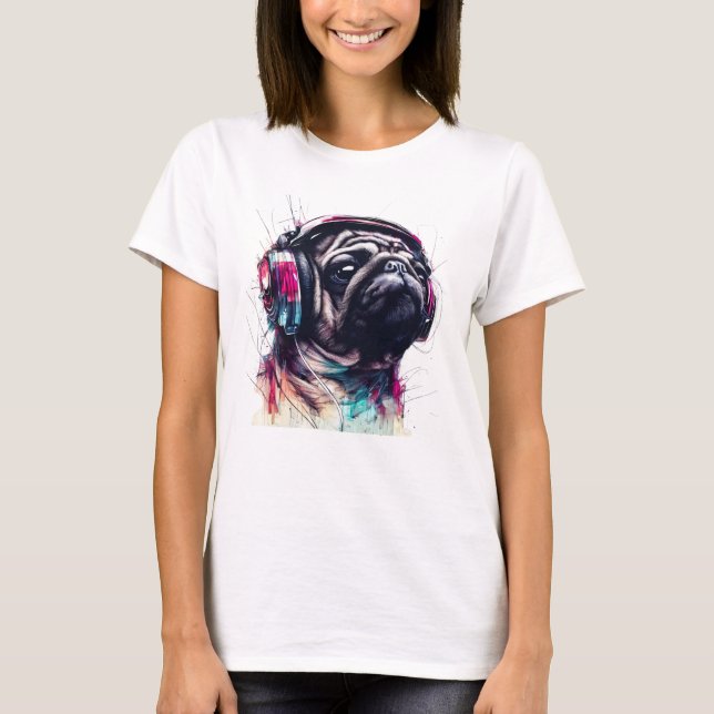 Cute Dog with Headphones water colour illustration T-Shirt (Front)