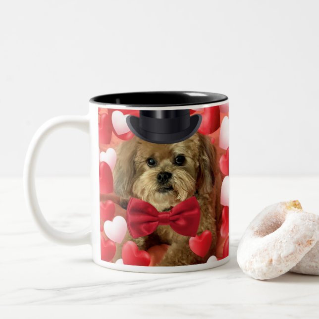 Cute Dog With Hearts Valentine Two-Tone Coffee Mug (With Donut)