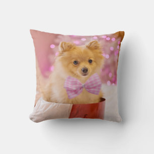 Cute Dog with Pink Bow Christmas Photo Cushion