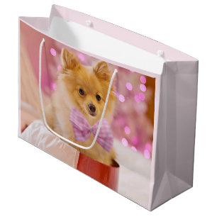 Cute Dog with Pink Bow Christmas Photo Large Gift Bag