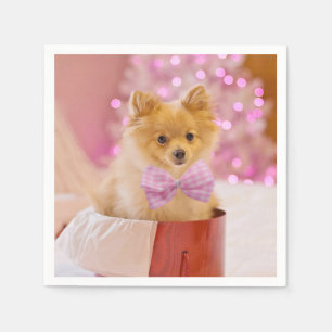 Cute Dog with Pink Bow Christmas Photo Napkin