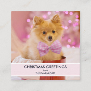 Cute Dog with Pink Bow Christmas Photo Square Business Card