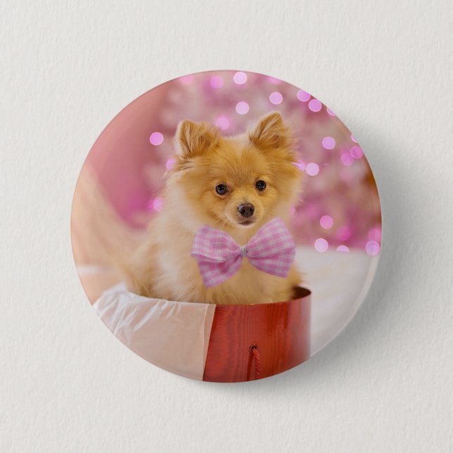 Cute Dog with Pink Bow Christmas Photograph 6 Cm Round Badge (Front)