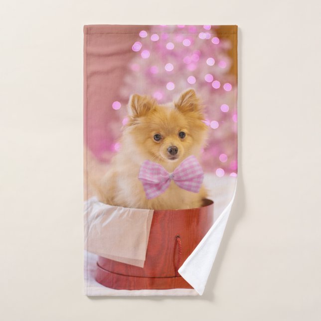 Cute Dog with Pink Bow Christmas Photograph Hand Towel (Hand Towel)