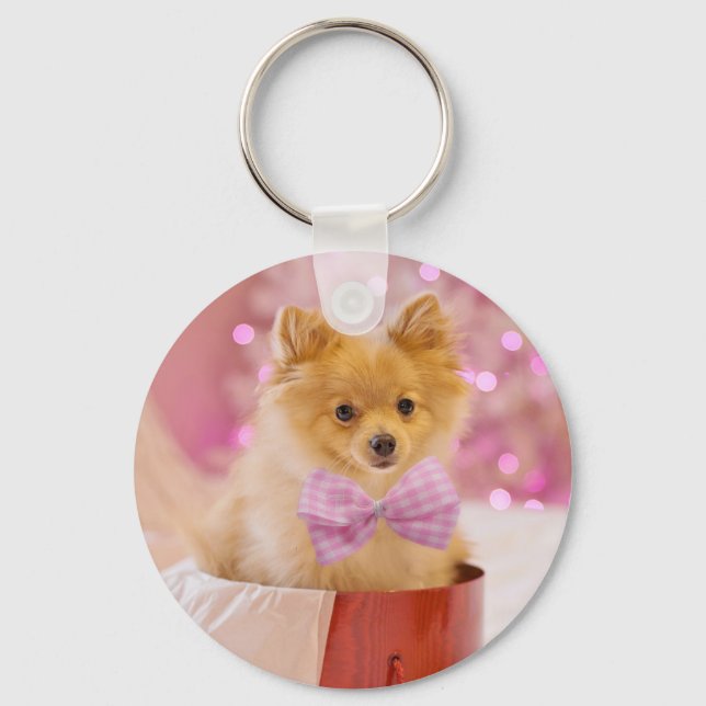 Cute Dog with Pink Bow Christmas Photograph Key Ring (Front)