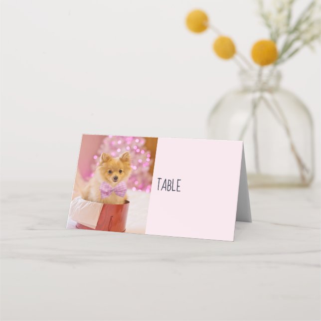 Cute Dog with Pink Bow Christmas Photograph Place Card (Front)