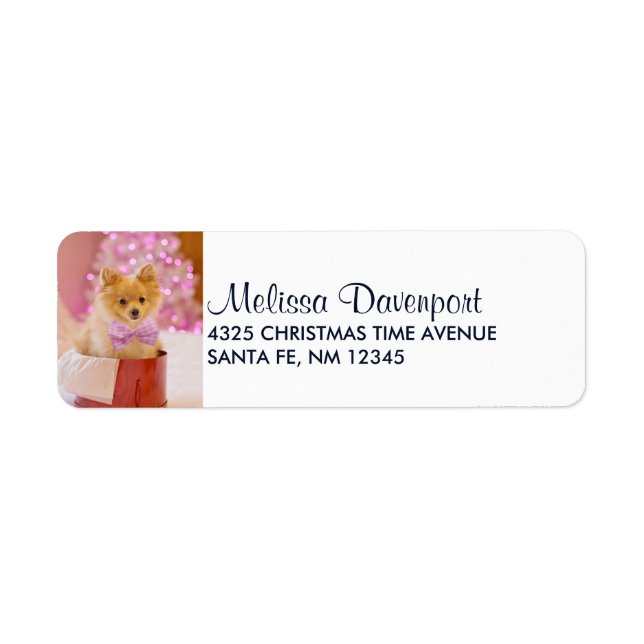 Cute Dog with Pink Bow Christmas Photograph Return Address Label (Front)