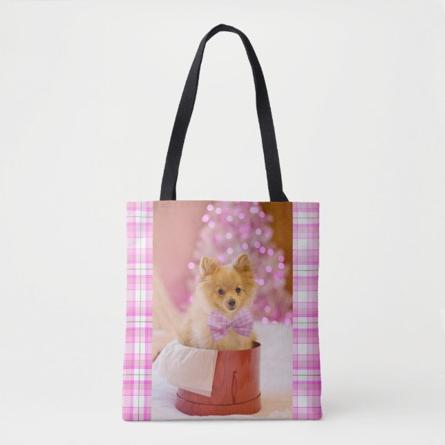 Cute Dog with Pink Bow Christmas Photograph Tote Bag (Front)