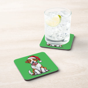 Cute Dog with Santa Hat Sitting and Smiling Coaster