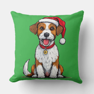 Cute Dog with Santa Hat Sitting and Smiling Cushion