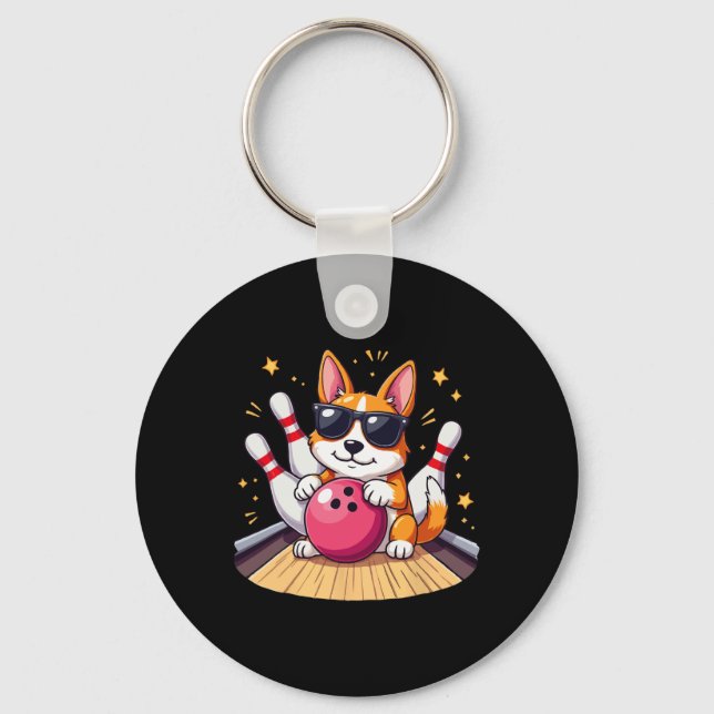 Cute Dog With Sungles Dog Playing Bowling For Men  Key Ring (Front)