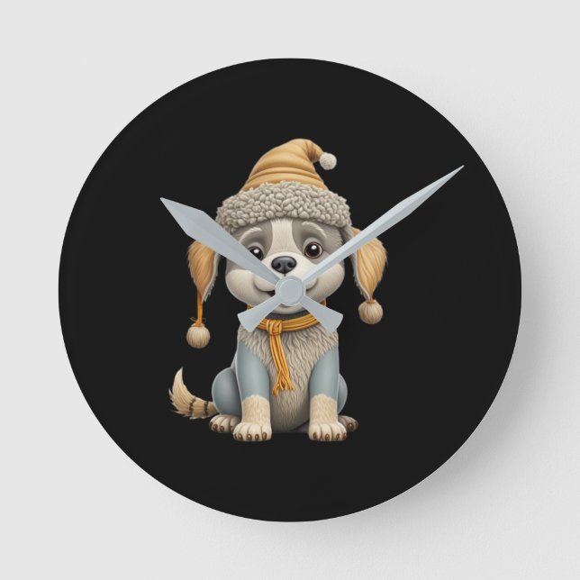 Cute dog with winter clothes round clock (Front)