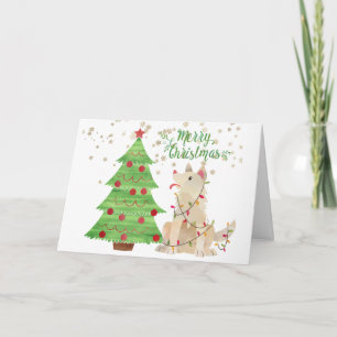 Cute Dog Wrapped in Christmas Lights Beside Tree Card