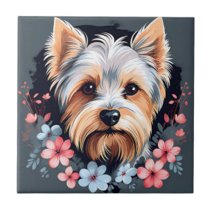 Cute Dog Yorkshire Terrier Flowers Ceramic Tile