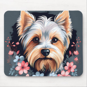 Cute Dog Yorkshire Terrier Flowers Mouse Pad