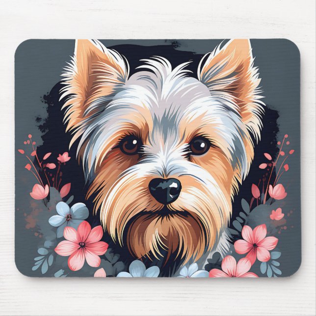 Cute Dog Yorkshire Terrier Flowers Mouse Pad (Front)