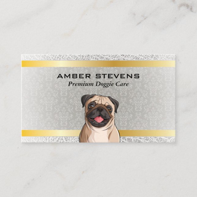 Cute Doggie Pug | Damask Pattern Business Card (Front)