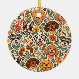 Cute Dogs and Colorful Floral Pattern Ceramic Ornament
