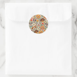 Cute Dogs and Colorful Floral Pattern Classic Round Sticker