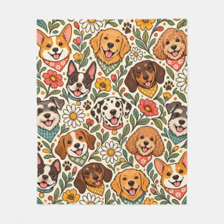 Cute Dogs and Colorful Floral Pattern Fleece Blanket