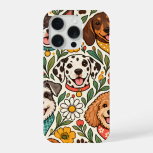 Cute Dogs and Colorful Floral Pattern iPhone 15 Pro Case