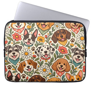 Cute Dogs and Colorful Floral Pattern Laptop Sleeve