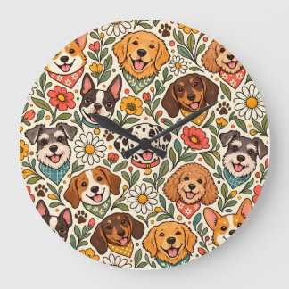 Cute Dogs and Colorful Floral Pattern Large Clock