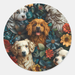 Cute dogs and colorful flowers design classic round sticker
