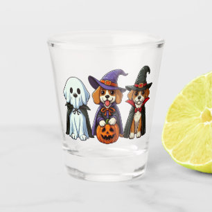 Cute dogs as ghost, witch, and vampire shot glass