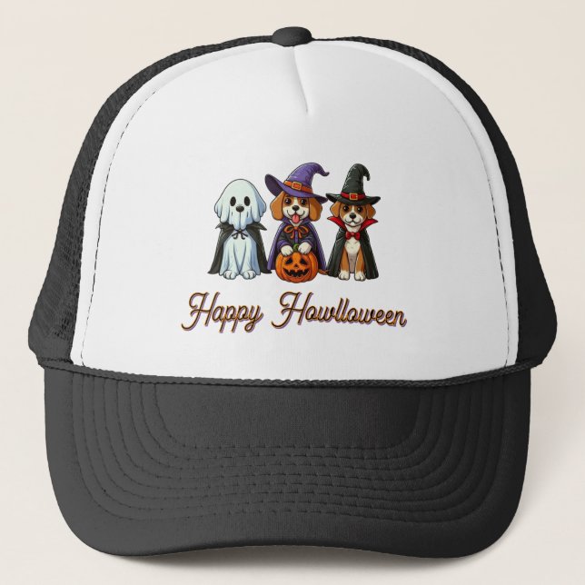 Cute Dogs as ghost, witch, & vampire  Trucker Hat (Front)