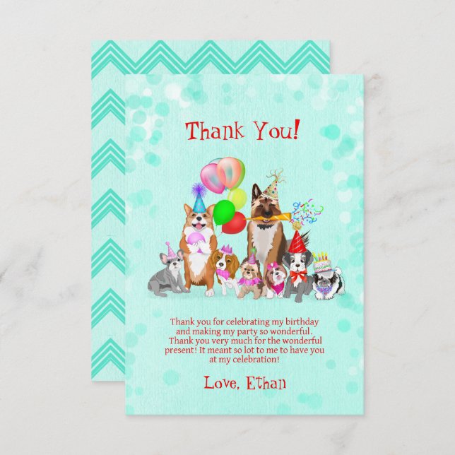 Cute Dogs Birthday Celebration Let's Paw-ty Thank  Thank You Card (Front/Back)
