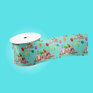 Cute Dogs Birthday Celebration Let's Pawty Pattern Satin Ribbon