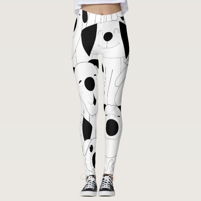 Cute dogs: black, white cartoon. leggings (Front)