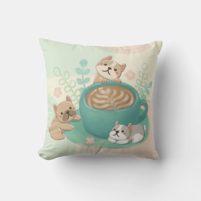 Cute Dogs & Coffee Illustration Cushion (Front)